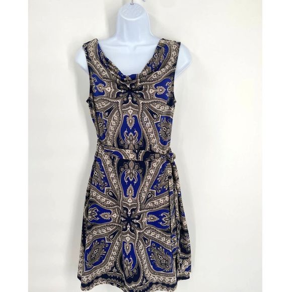 International Concepts Blue/Gray Paisley Print Belted Fit & Flare Dress Small - Picture 6 of 7
